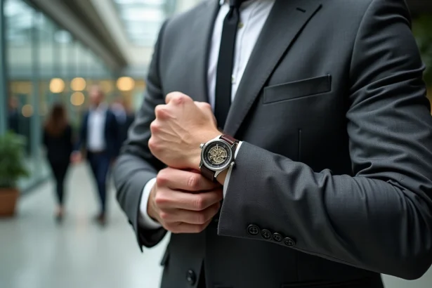 Homme en costume gris portant une montre originale à cadran squelette avec bracelet cuir marron dans un lobby moderne