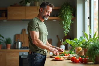 Homme dans la cuisine préparant une salade vegan colorée