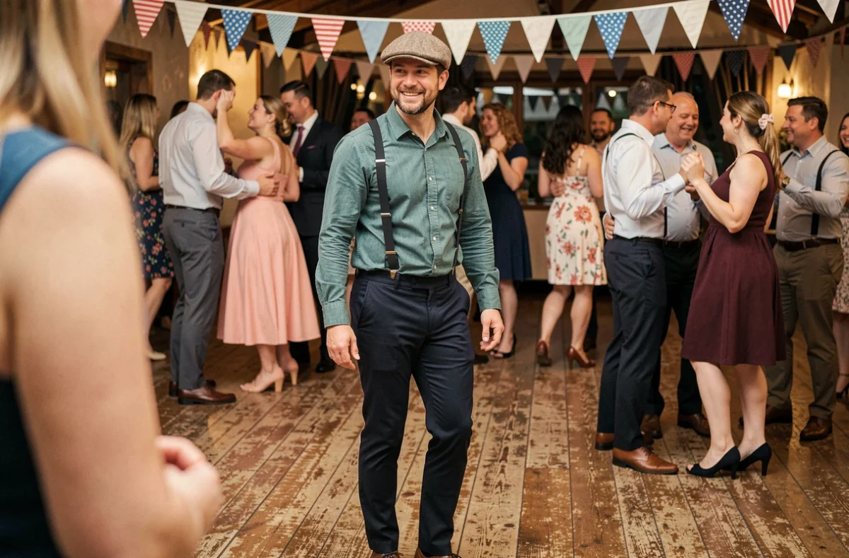 Homme dansant sur un parquet de guinguette en tenue estivale avec chemise chambray, bretelles fines et casquette plate