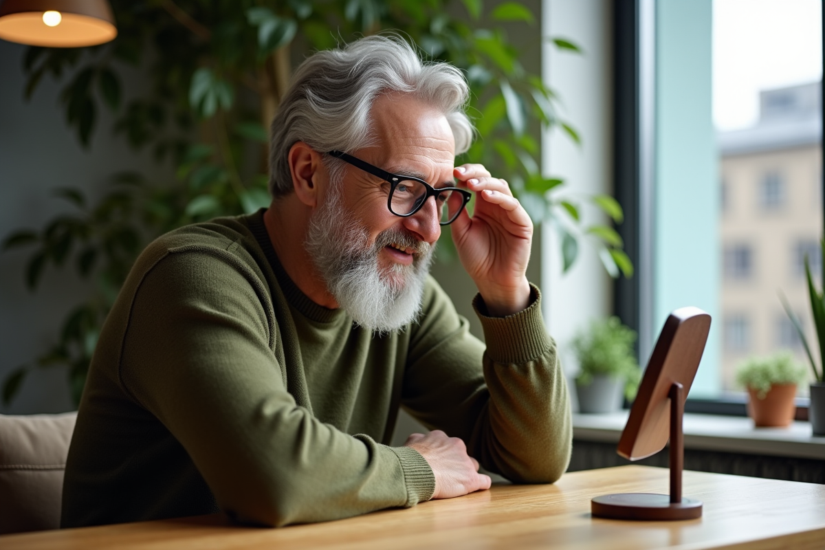 Homme détendu essayant des lunettes rondes à la maison