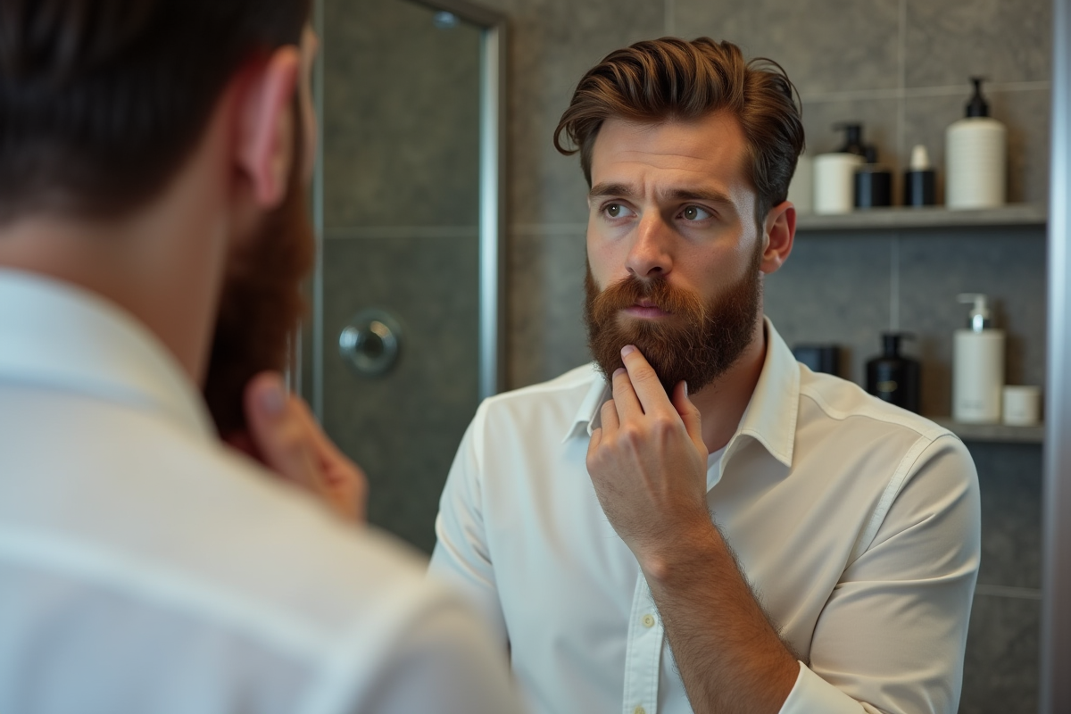 Homme en miroir avec barbe soignee et routine quotidienne