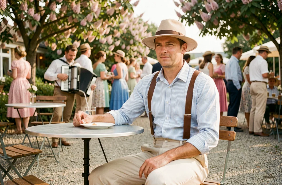 Homme assis en terrasse portant une chemise rayée bleue, bretelles larges en cuir et chapeau fedora dans une guinguette