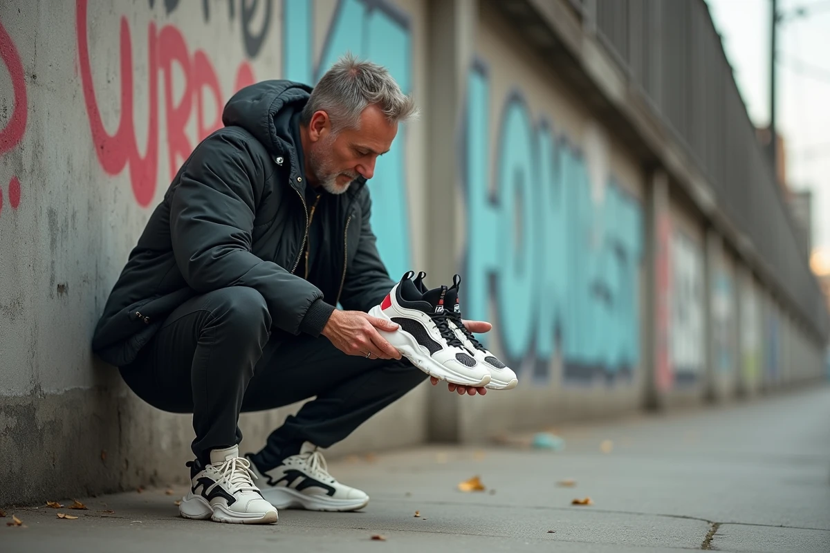 Homme d age moyen examinant sneakers excentriques dans un décor urbain