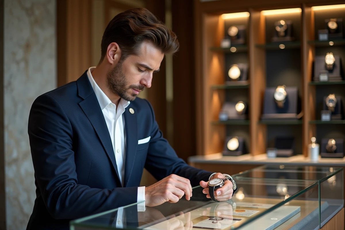 Homme élégant examinant une montre de luxe en boutique