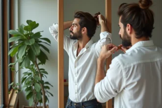 Homme méditerranéen coiffant un chignon dans un appartement lumineux