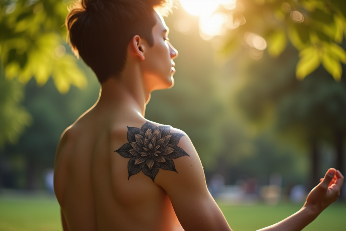 Jeune homme méditant avec tatouage lotus noir et gris sur l
