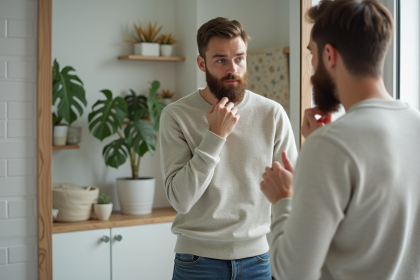 Homme regardant son reflet dans le miroir en train de s'observer la barbe