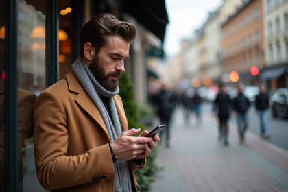 Homme élégant avec barbe portant un manteau camel dans une rue urbaine