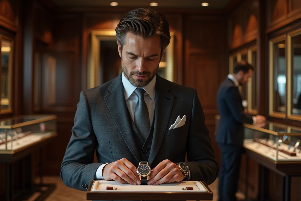 Homme en costume charbon examinant une montre de luxe suisse dans une boutique horlogère parisienne raffinée