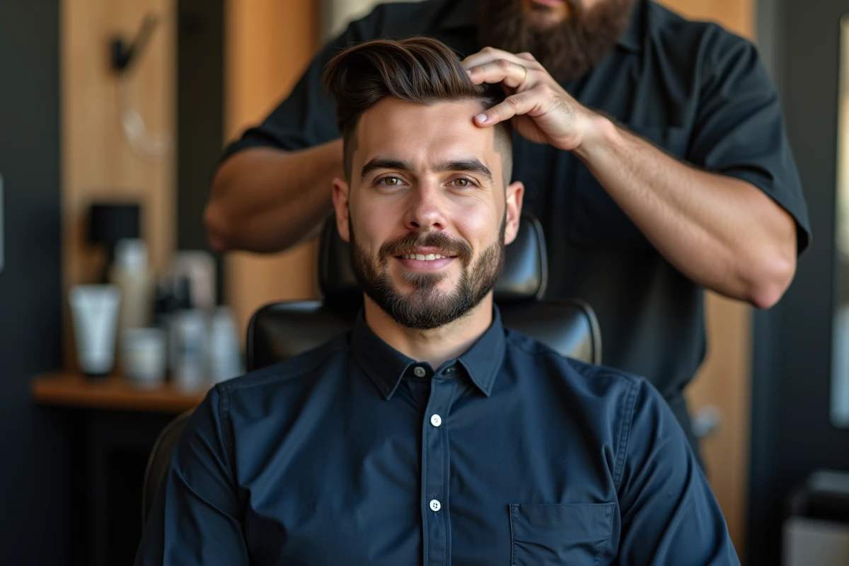 Jeune homme en barbershop avec coiffeur en action