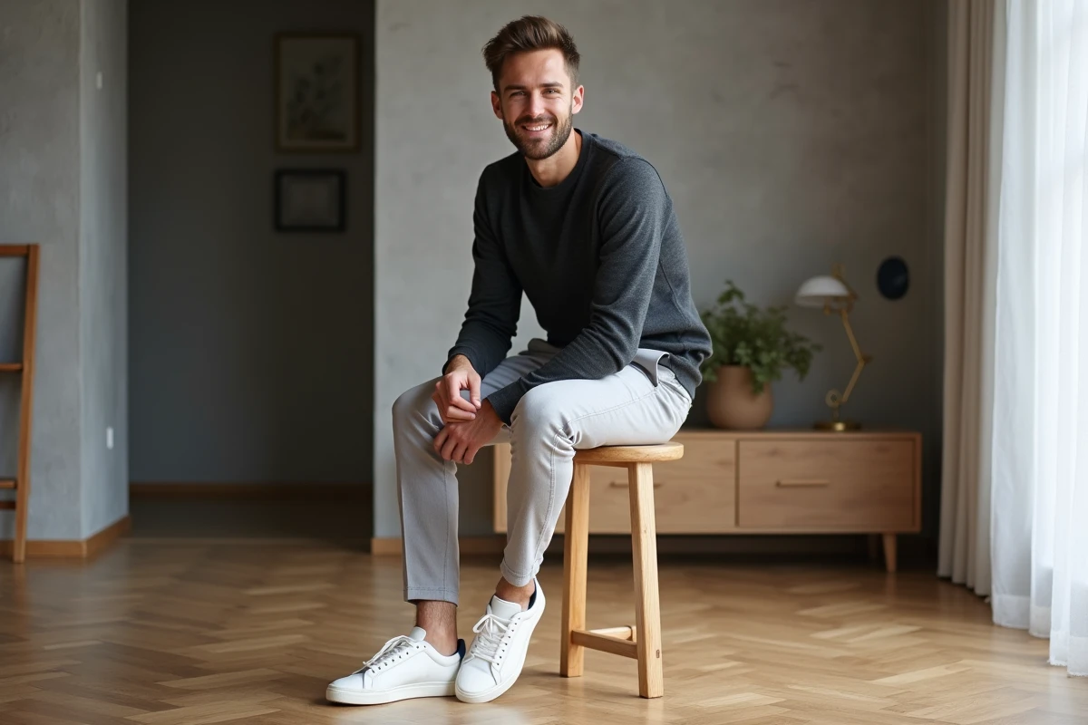 Homme assis en pantalon gris taille 30 dans un appartement au style scandinave