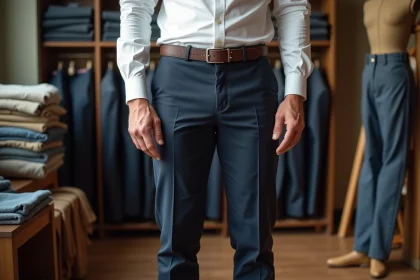 Homme portant un pantalon taille 30 en chino marine dans une boutique de tailleur