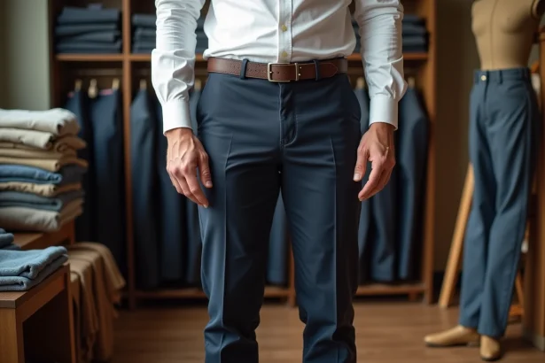 Homme portant un pantalon taille 30 en chino marine dans une boutique de tailleur