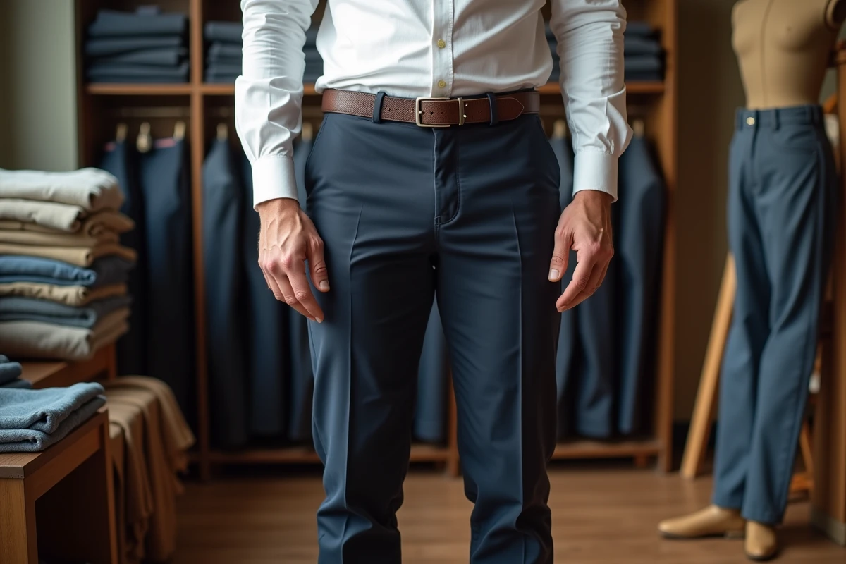 Homme portant un pantalon taille 30 en chino marine dans une boutique de tailleur