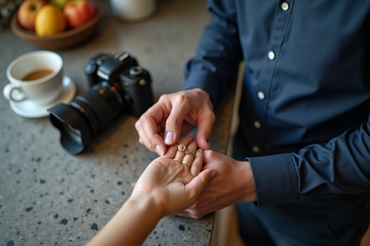 Homme photographiant un anneau avec un appareil numérique dans la cuisine