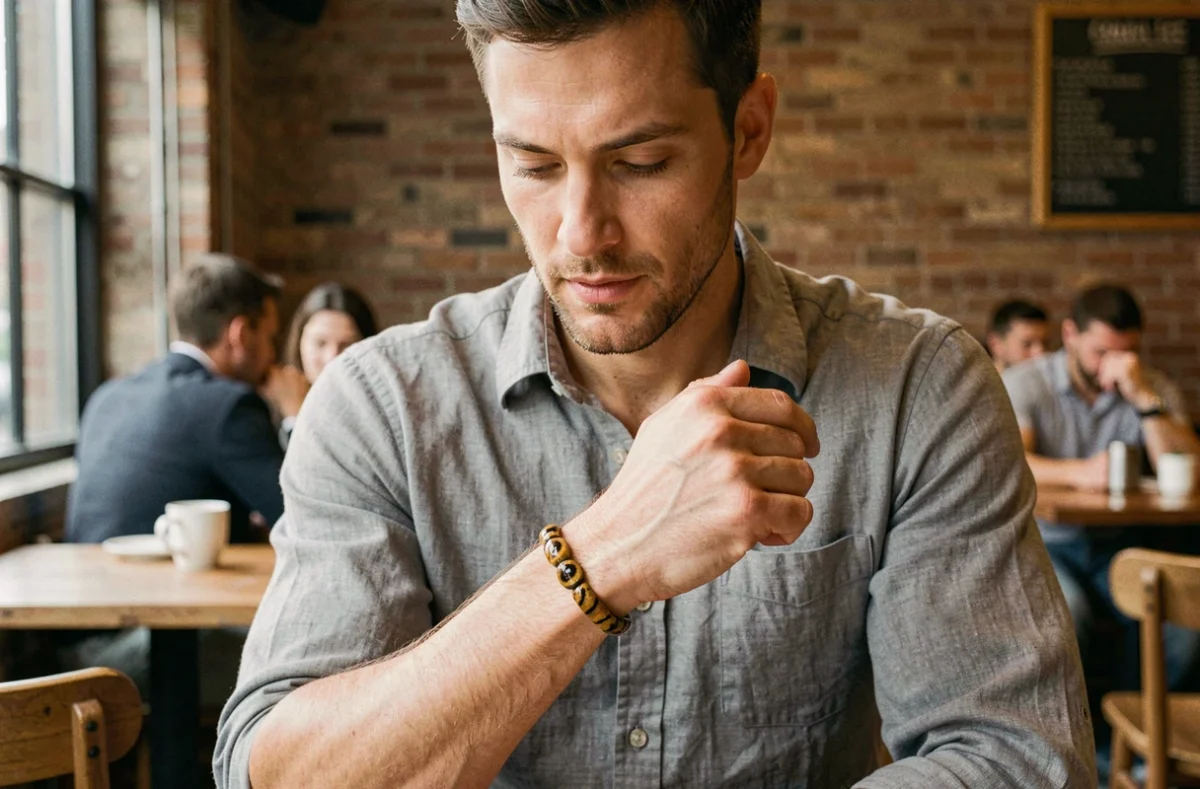 Homme portant un bracelet œil du tigre au poignet dans un café urbain, scène naturelle et authentique