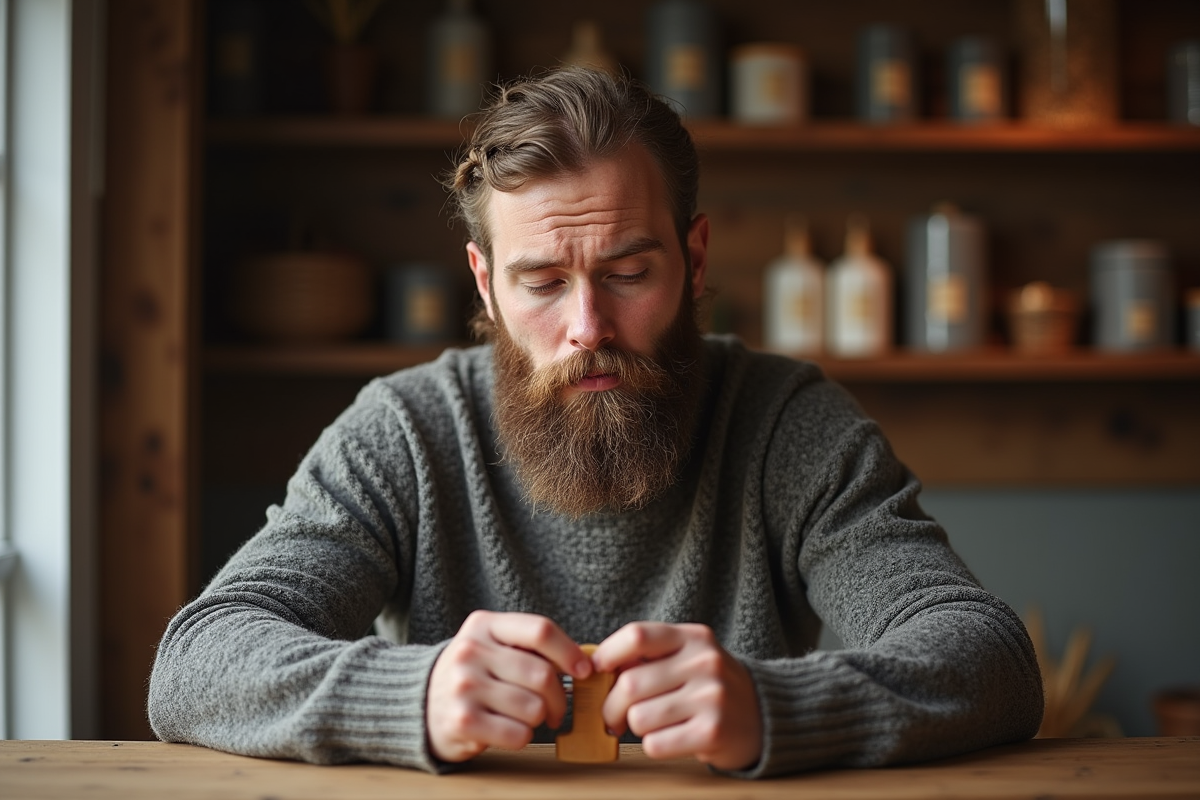 Homme barbu en intérieur avec peigne en bois