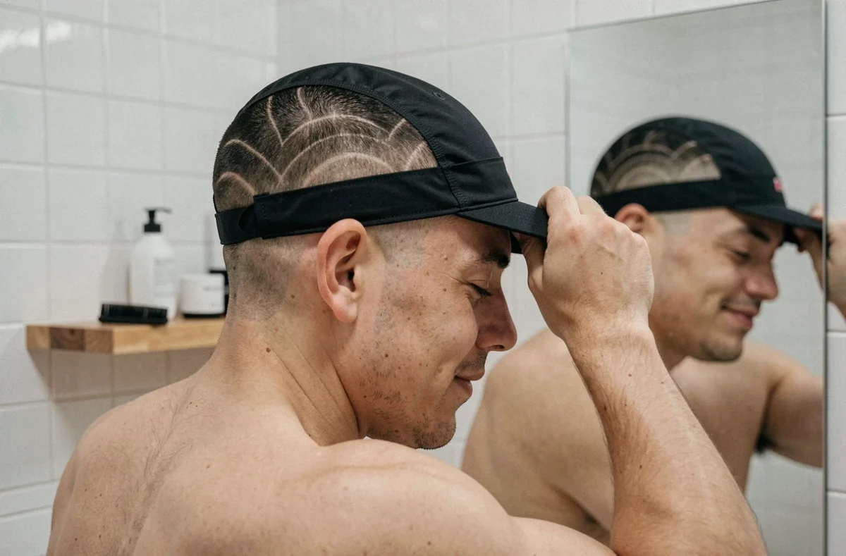 Homme retirant son wave cap noir après l'entraînement, ondulations 360 visibles dans le miroir