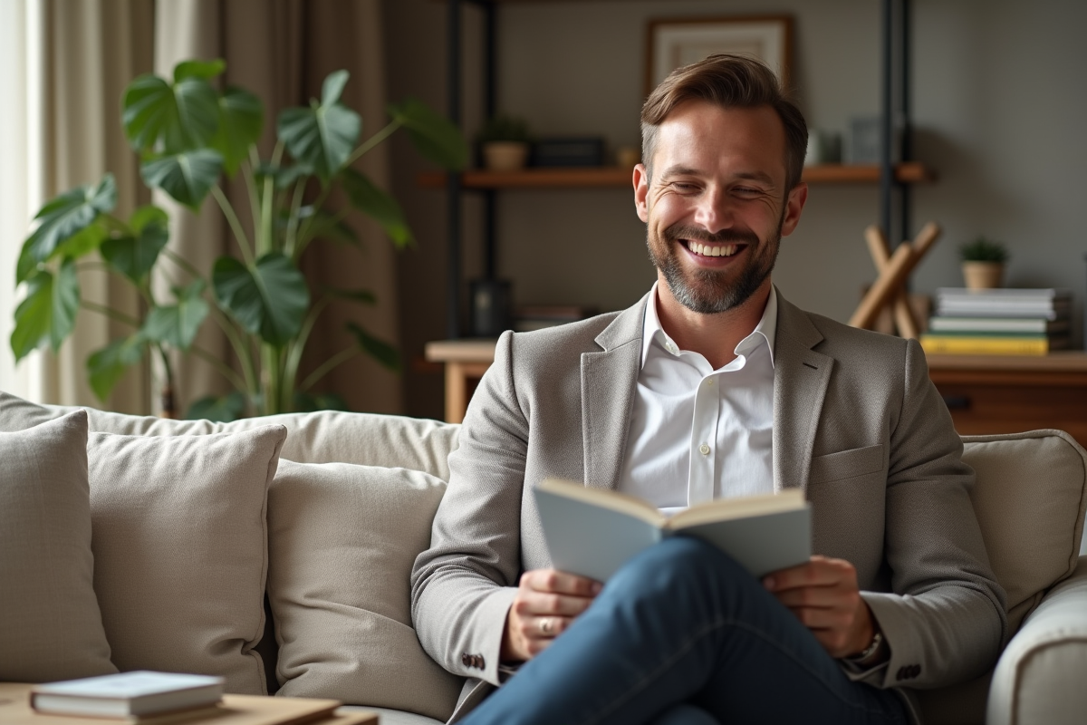Homme souriant lisant un magazine dans un salon cosy