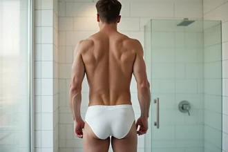 Homme en slip kangourou blanc classique dans une salle de bain moderne minimaliste, posture détendue et confiante