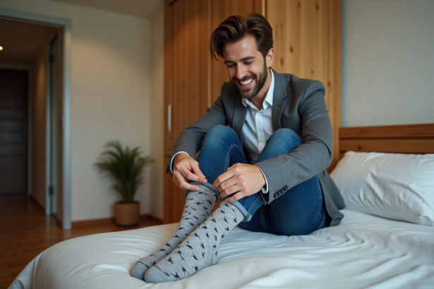 Homme souriant en train de mettre des chaussettes en coton dans la chambre