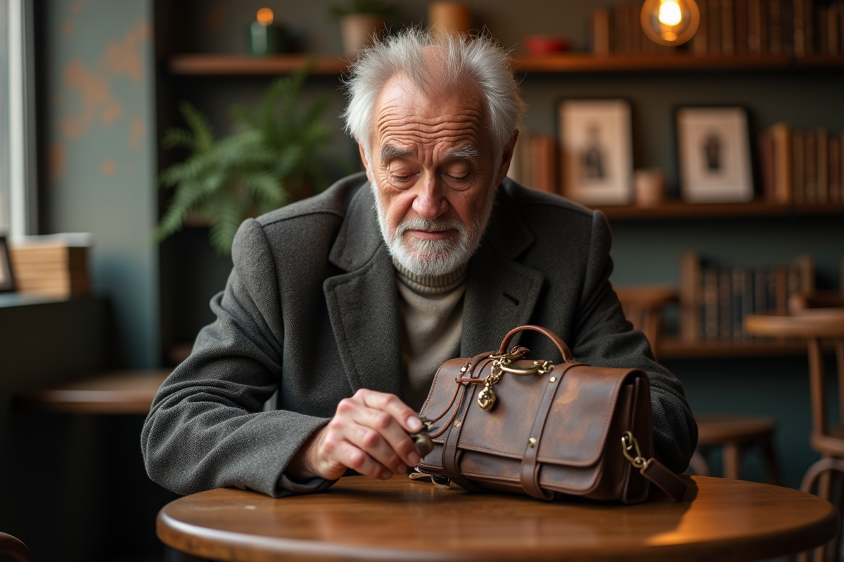 Homme âgé examinant un charm vintage dans un café