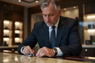 Homme d'âge moyen examinant deux montres de luxe en boutique