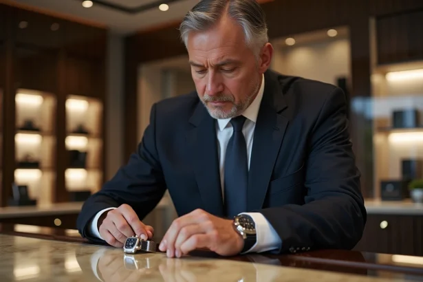 Homme d'âge moyen examinant deux montres de luxe en boutique