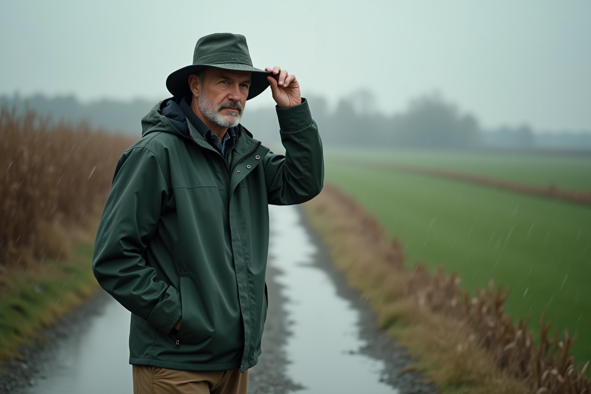 Homme en veste imperméable ajustant son chapeau sous la pluie