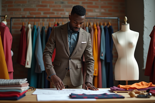 Jeune designer africain arrangeant tissus dans son studio