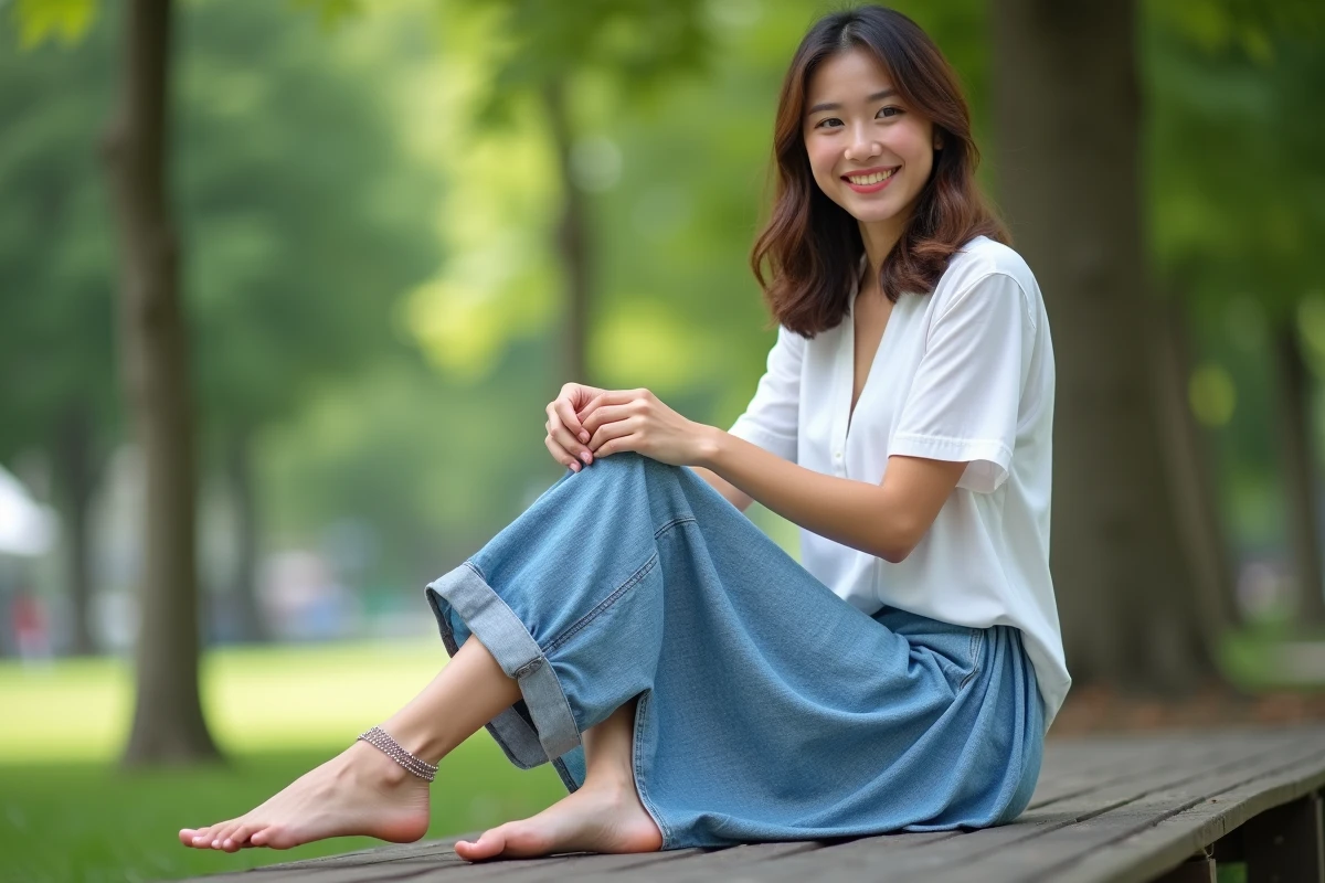 Jeune femme assise dans un parc urbain avec une anklet