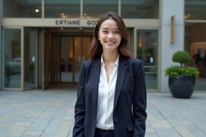 Jeune femme professionnelle devant un bâtiment moderne
