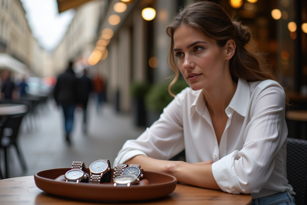 Jeune femme regardant des montres suisses sur une terrasse parisienne