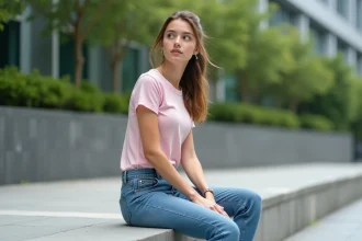 Jeune femme en t-shirt pastel et jeans décontractés dans un espace urbain