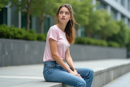 Jeune femme en t-shirt pastel et jeans décontractés dans un espace urbain