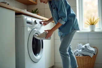 Jeune femme en denim place des sneakers dans la machine à laver