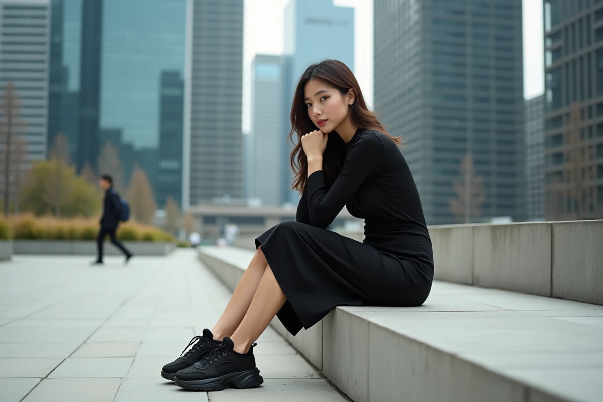 Jeune femme en robe noire minimaliste et sneakers originales dans un espace urbain