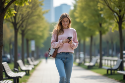 Jeune femme urbaine marche confiante dans un parc