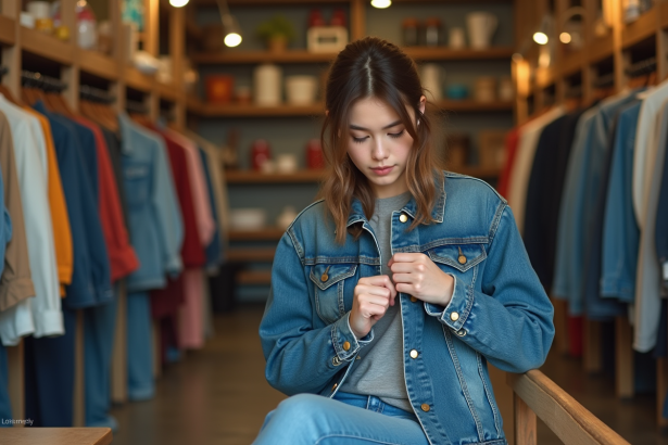 Jeune femme inspectant la couture d'une veste en denim durable