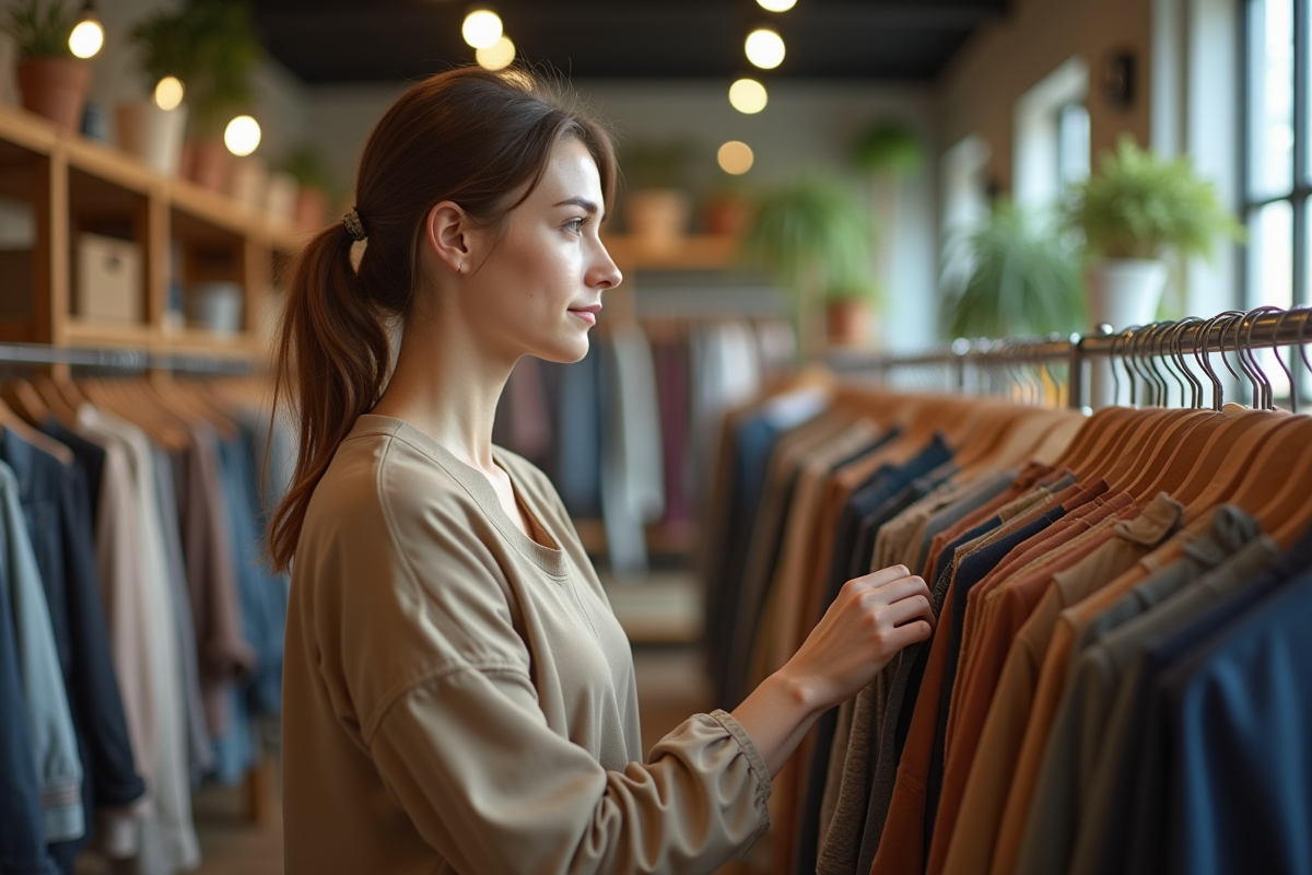 Jeune femme en vêtements terre cuite dans une boutique de seconde main