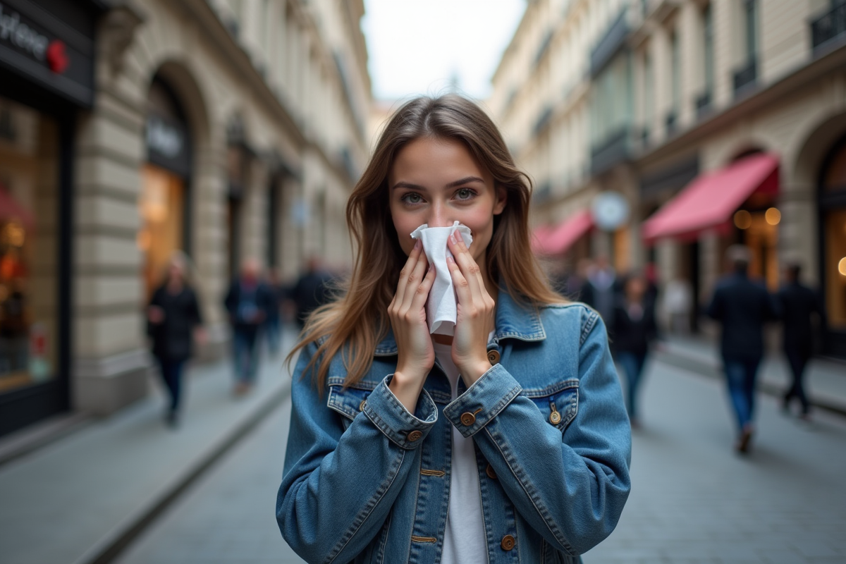 Jeune femme en denim dans une rue urbaine animée