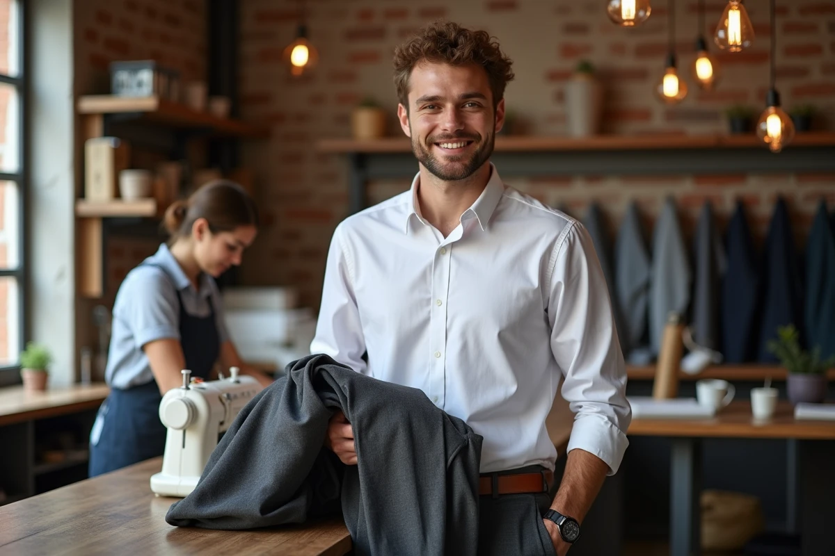 Jeune homme souriant avec pantalon neuf dans atelier de Toulouse