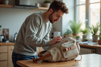 Jeune homme inspectant un sac à dos en toile dans un intérieur lumineux