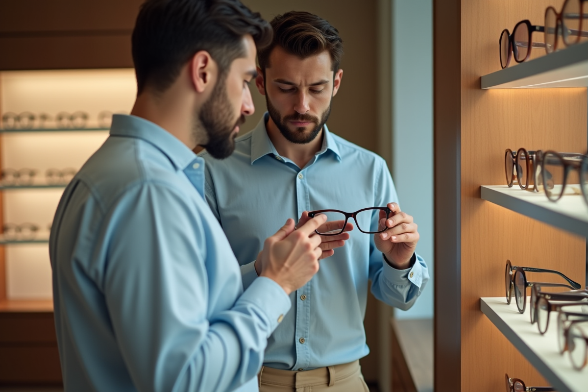 Jeune homme examinant des lunettes dans une boutique moderne
