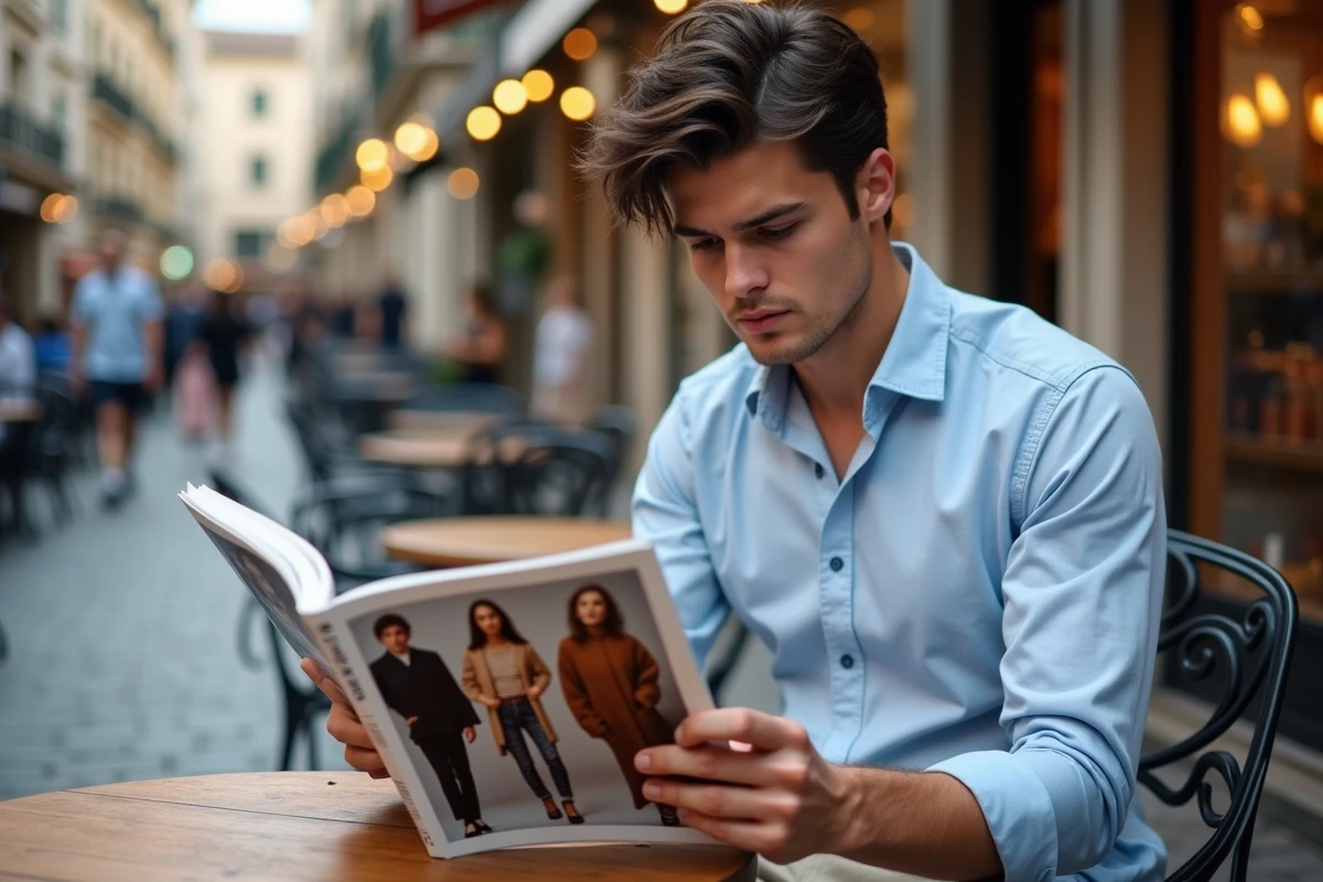 Jeune homme regardant un magazine de mode en terrasse