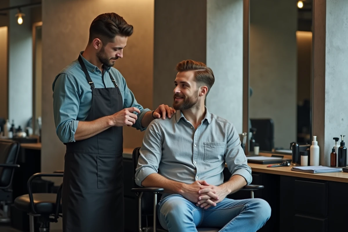 Jeune homme en salon de coiffure moderne avec son barbier