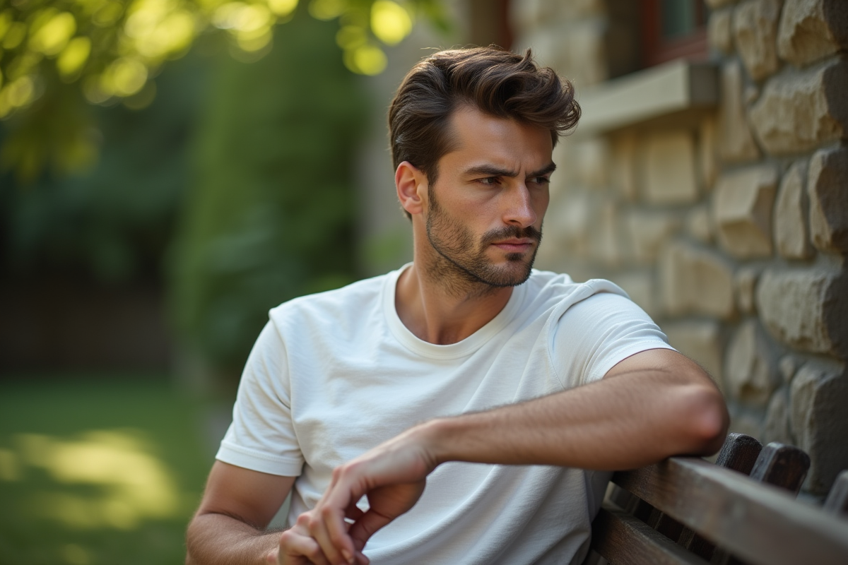 Jeune homme assis dans un jardin avec t-shirt coton et réflexion
