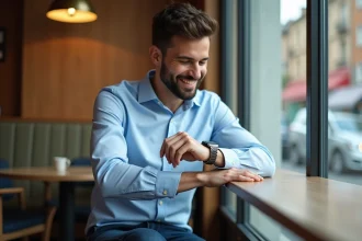 Jeune homme regardant sa montre dans un café élégant