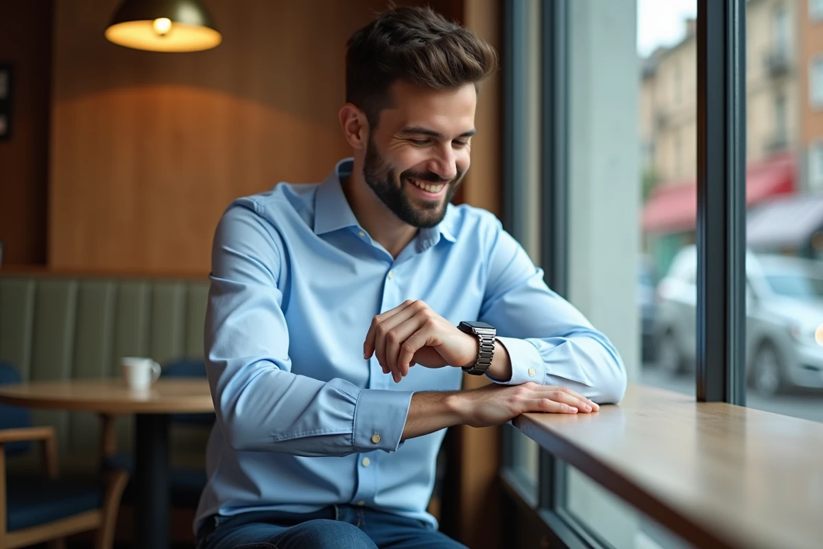 Jeune homme regardant sa montre dans un café élégant