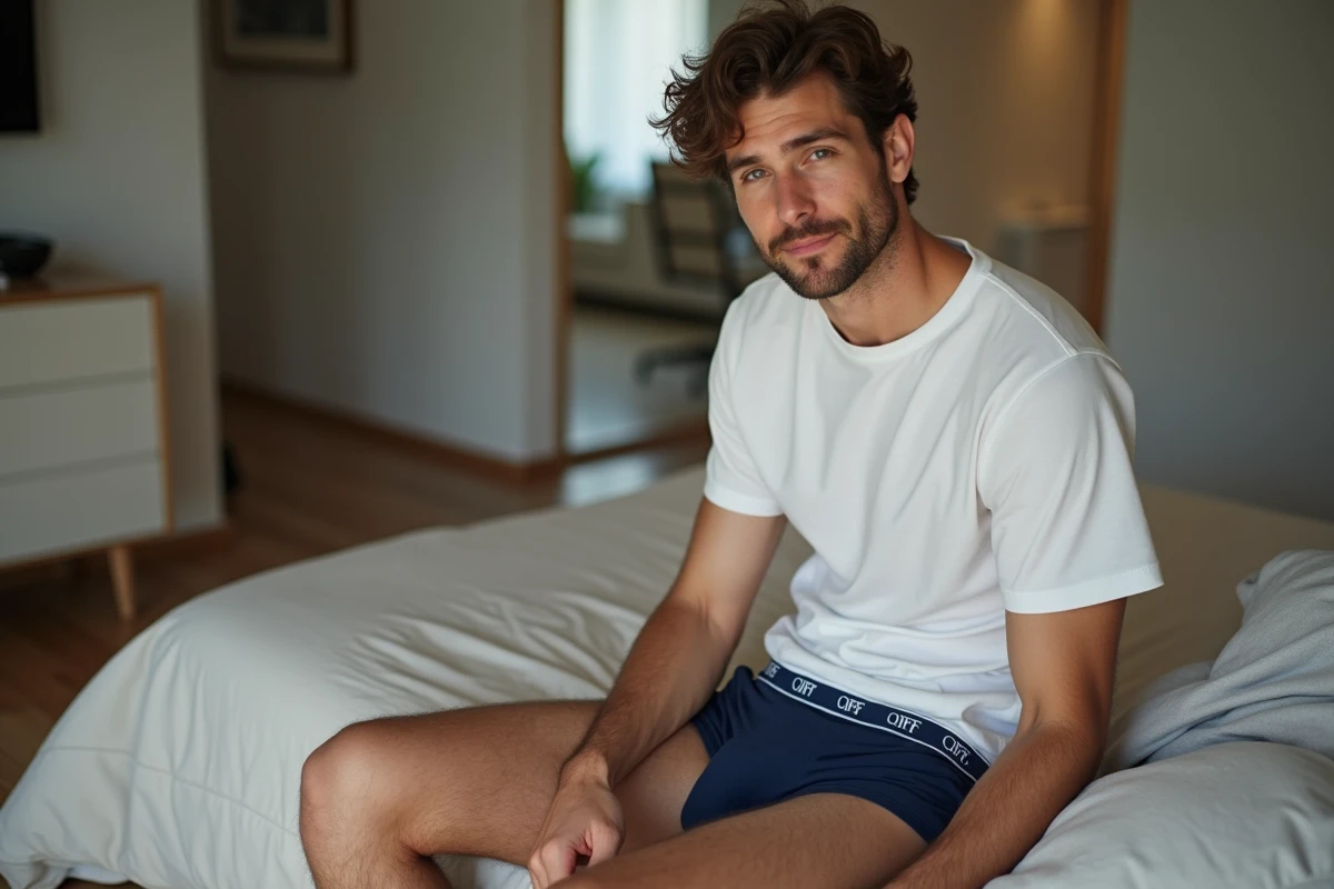 Jeune homme portant un slip en coton bleu marine avec ceinture élastique sur le bord d'un lit dans une chambre contemporaine